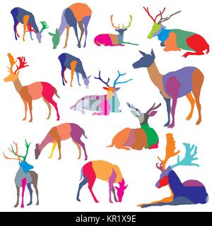 Set of vector colorful mosaic standing and lying deer silhouettes isolated on white background Stock Vector