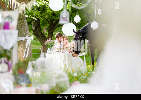 Bride and groom stand together with a magnificent black horse on a summer meadow and rays in the camera, the bride wearing her white dress and holding a bridal bouquet, the groom wearing a beige vest. Stock Photo