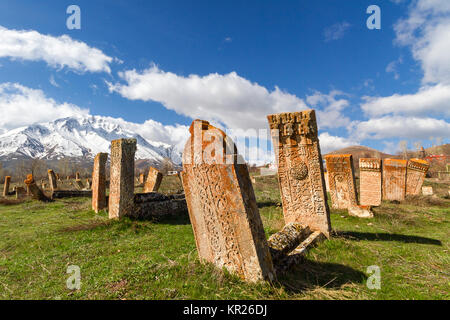 Headstones and ruins of ancient cemetery by Seljuk Turks in Gevas, Van, Turkey. Stock Photo