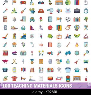 100 teaching materials icons set, cartoon style  Stock Vector