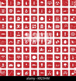 100 child health icons set grunge red Stock Vector