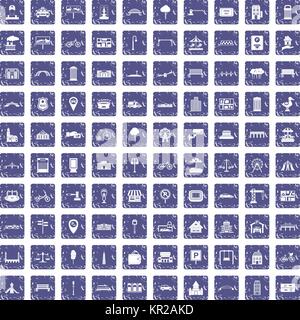 100 city icons set grunge sapphire Stock Vector