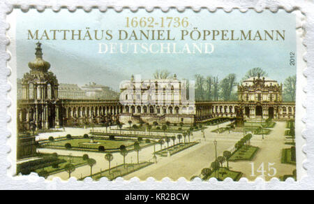 GOMEL, BELARUS, 15 DECEMBER 2017, Stamp printed in Germany shows image of the Matthaus Daniel Poppelmann, circa 2012. Stock Photo