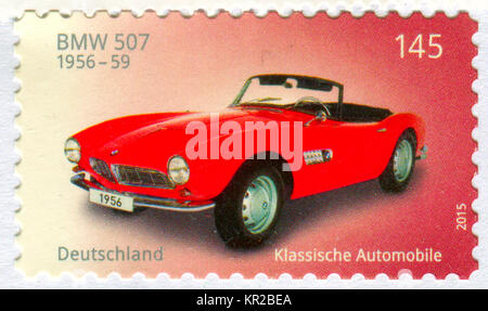 GOMEL, BELARUS, 15 DECEMBER 2017, Stamp printed in Germany shows image of the BMW 507, circa 2015. Stock Photo