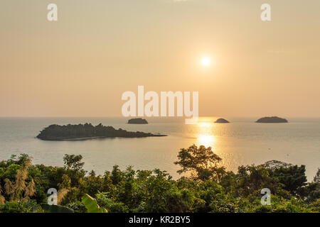 Beautiful tropical island landscape. View from Koh Chang to Koh Man Nai during sunset Stock Photo