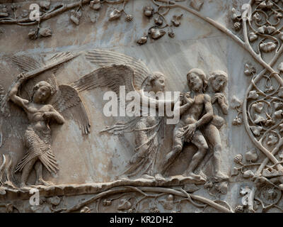 Orvieto - Duomo facade. The first pillar: scenes from Genesis. Adam and Eve driven out of Paradise Stock Photo