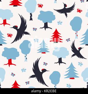Seamless vector pattern with flying woodpeckers, trees and butterflies. Scandinavian style illustration. Stock Vector