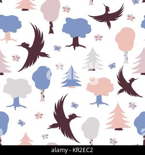 Seamless vector pattern with flying woodpeckers, trees and butterflies in pastel colours. Scandinavian style illustration. Stock Vector