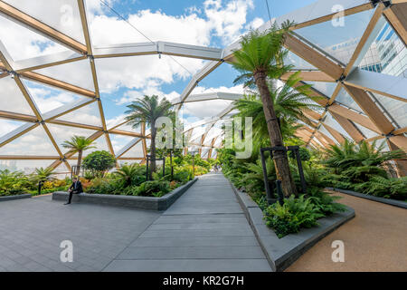 Park on the roof of Crossrail Place, Modern Architecture, One Canada Square, Canary Wharf, London, England, Great Britain Stock Photo