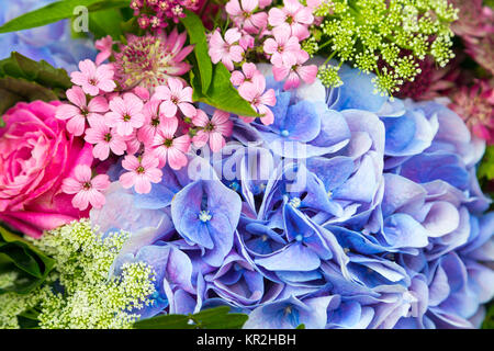 Pastel colourful floral background with roses and hydrangeas Stock Photo