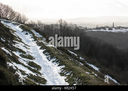 Snowy track over the Malvern Hills, winter, in the Marches/ on the Welsh borders. Stock Photo
