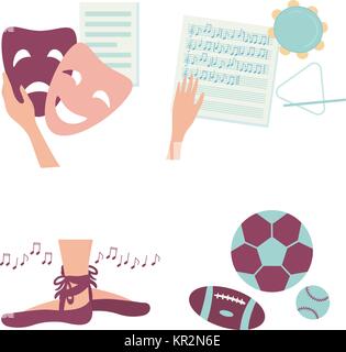 Hobby activities. Icons for various clubs including ballet, sport soccer rugby, music and theater or drama. Images of four different hobbies isolated  Stock Vector