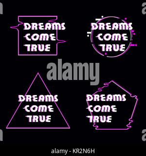 Glitched distorted 8 bit like text dreams come true in different pink geometric figures. Triangle octagonal square and circle. Hack looking letters on Stock Vector