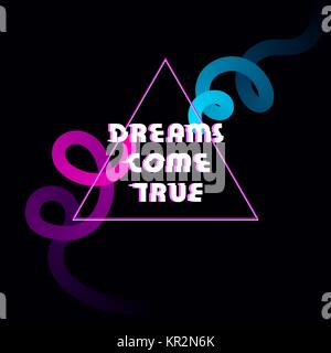 Glitched broken text dreams come true in triangle frame. Distorted hack glitch style technology trend background. Pink and blue transparent neon spira Stock Vector