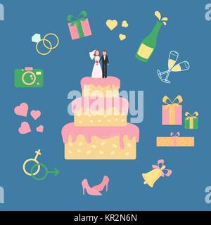 Wedding pink creamed cake with statuette of groom and bride. Icon set including champagne bell shoes hearts rings glasses, gift box and camera. Vector Stock Vector