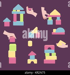 Hands with bricks for coordination wood tower toy Stock Vector