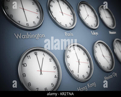 Modern wall clocks showing different time zones of world cities. 3D illustration. Stock Photo