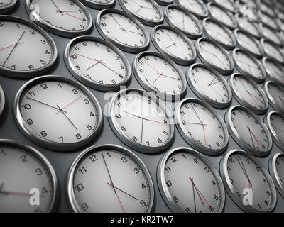 Modern wall clocks showing different time zones of world cities. 3D illustration. Stock Photo