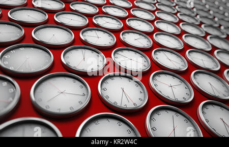 Modern wall clocks showing different time zones of world cities. 3D illustration. Stock Photo