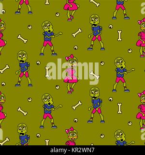 Zombie cartoon teen couple seamless pattern. Stock Vector