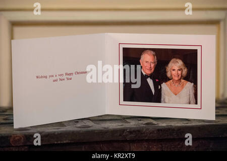 The Prince of Wales and Duchess of Cornwall's 2017 Christmas card in Clarence House, London. The picture on the card was taken by Hugo Burnand showing the royal couple in the Orchard Room during the private 70th birthday party of The Duchess of Cornwall at Highgrove on Saturday 15th July 2017. Stock Photo