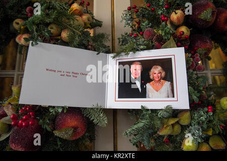 The Prince of Wales and Duchess of Cornwall's 2017 Christmas card in Clarence House, London. The picture on the card was taken by Hugo Burnand showing the royal couple in the Orchard Room during the private 70th birthday party of The Duchess of Cornwall at Highgrove on Saturday 15th July 2017. Stock Photo