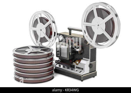 Retro cinema projector with movie reels, 3D rendering isolated on