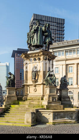 The Johannes Gutenberg monument on the southern Rossmarkt (1854 - 1858, by sculptor Eduard Schmidt von der Launitz). Johannes Gutenberg - inventor of book printing. Frankfurt am Main, Germany. Stock Photo