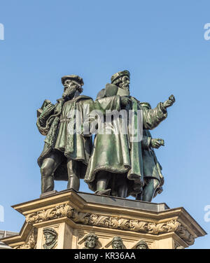 The Johannes Gutenberg monument on the southern Rossmarkt (1854 - 1858, by sculptor Eduard Schmidt von der Launitz). Johannes Gutenberg - inventor of book printing. Frankfurt am Main, Germany. Stock Photo