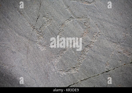 prehistoric rock carving petroglyphs on stone surface closeup Stock Photo