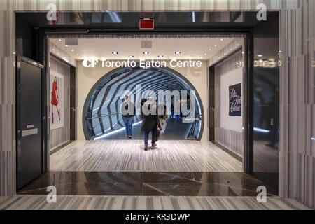 Pedway, elevated pedestrian walkway linking Toronto Eaton Centre shopping center and Saks Fifth Avenue Toronto store on Queen Street West, Toronto. Stock Photo