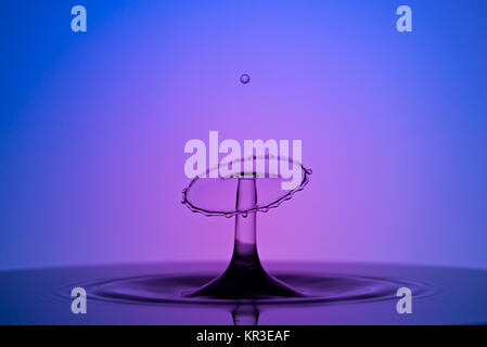 Water Drop Collision Macro, Blue and Magenta Background Stock Photo