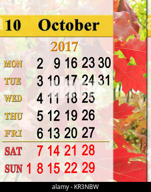 calendar for October 2017 with red oak leaves Stock Photo