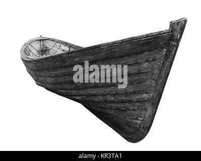 Black and white front view of an old fishing wood boat Stock Photo