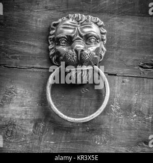 Old knocker on scratched wood door Stock Photo