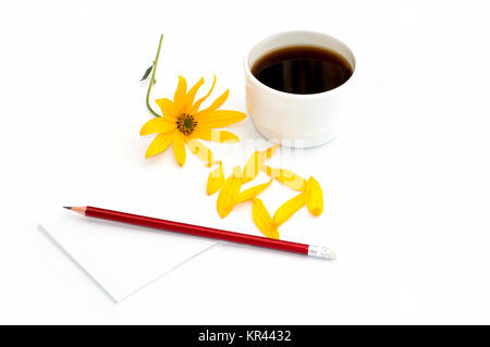 cup of coffee, yellow flower, petals and pencil with paper, the isolated image Stock Photo