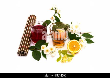 rug, two mugs drinks and flower branch, still life, isolate Stock Photo