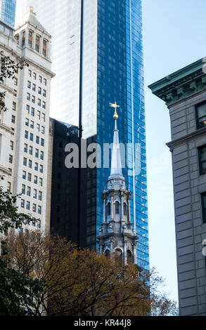 The steeple of Trinity Church at Wall Street in NYC Stock Photo