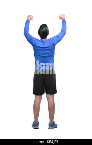 Back view of asian runner man posing with raised arms isolated over white background Stock Photo