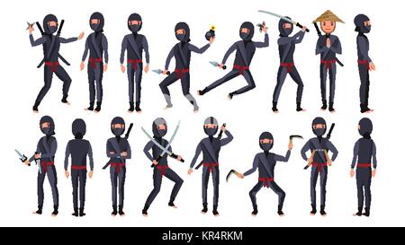 Ninja Character Vector. Cartoon Funny Warriors. Different Poses. Isolated On White Background Flat Cartoon Illustration Stock Vector