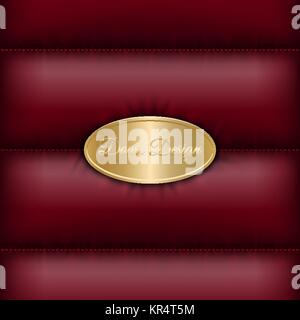 Winter quilted down jacket dark red background with golden oval shield for logo or text message. Warm windbreaker vector texture. Sport outerwear Stock Vector