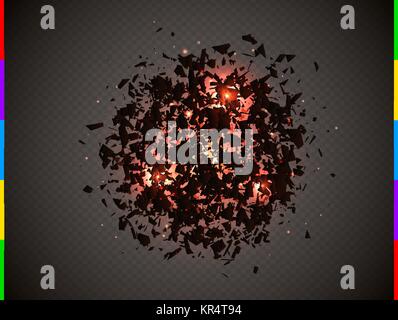 Abstract explosion cloud of black pieces with red flare and sparks. Explosive destruction. Particles on transparent background. Vector illustration Stock Vector