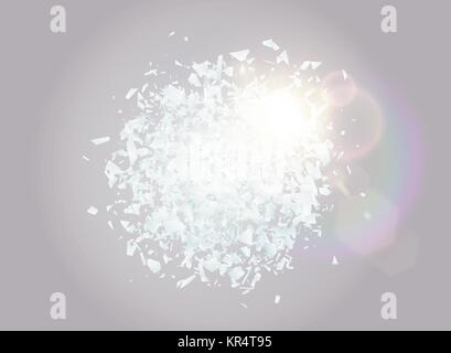 Abstract explosion cloud of white pieces with lens flare light effect. Explosive destruction. Particles of broken glass on transparent background Stock Vector