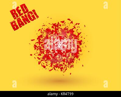Abstract explosion cloud of red pieces on bright orange yellow background. Explosive destruction. Particles of star burst. Expressive vector Stock Vector