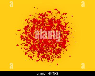 Abstract explosion cloud of red pieces on bright orange yellow background. Explosive destruction. Particles of broken plastic. Expressive vector Stock Vector
