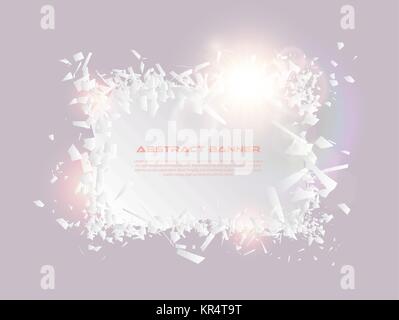 Speech bubble, exploding effect. Abstract explosion white pieces with lens flare. Explosive destruction. Particles on light banner background. Vector  Stock Vector