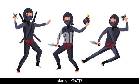 Ninja Warrior Vector. Black Suit. Showing Different Actions With Weapons. Isolated Flat Cartoon Illustration Stock Vector