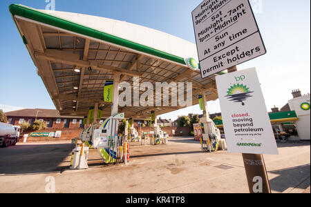 London, England, UK - July 31, 2010: A sign on a BP petrol station in Woolwich, south east London, announces that it has been closed down in a protect Stock Photo