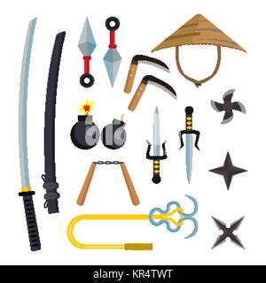 Ninja Weapons Set Vector. Assassin Accessories. Star, Sword, Sai, Nunchaku. Throwing Knives, Katana, Shuriken. Isolated Flat Cartoon Illustration Stock Vector