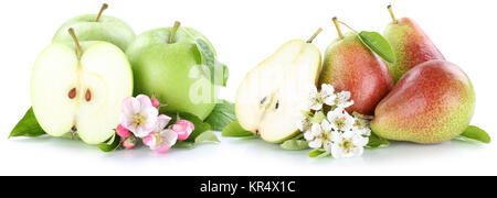 Apfel und Birne Äpfel Birnen Früchte Obst geschnitten Freisteller isoliert vor einem weissen Hintergrund Stock Photo